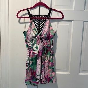 Pink and Green Tropical Print Romper